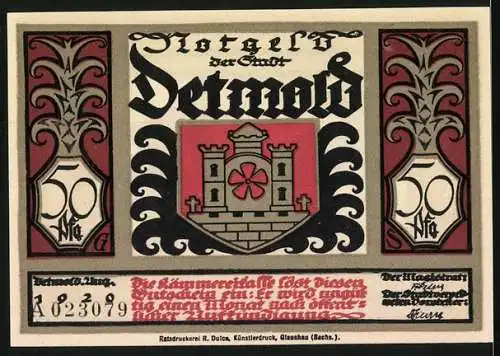 Notgeld Detmold, 1920, 50 Pfennig, Römisches Thema mit Zitaten und Stadtsiegel, Seriennummer A023079