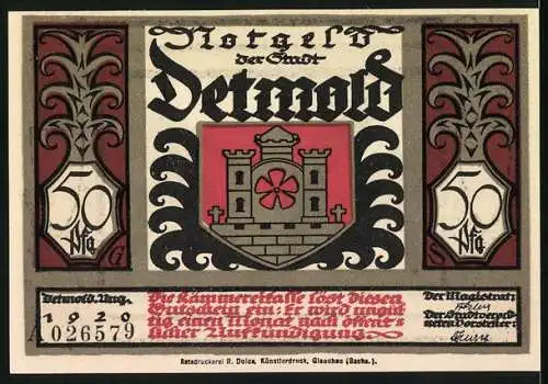 Notgeld Detmold 1920, 50 Pfennig, Stadtwappen mit Schloss und römische Soldaten