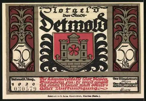 Notgeld Detmold, 1920, 50 Pfennig, Illustrationen einer Schlacht und Stadtwappen