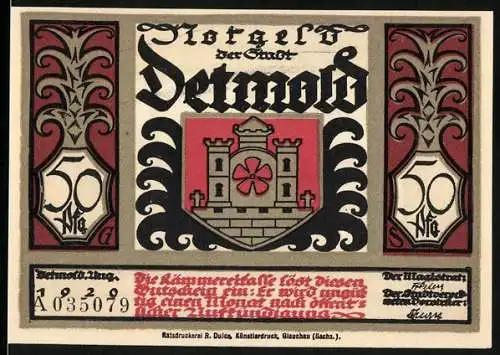 Notgeld Detmold, 1920, 50 Pfennig, Burg mit hochgezogenen Türmen und Wappen, Szene mit Trauerbotschaft