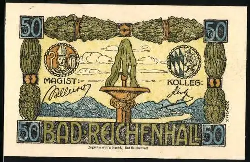 Notgeld Bad Reichenhall, 1919, 50 Pfennig, Landschaft mit Gebirge und Stadtansicht