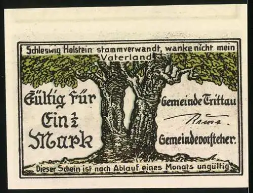 Notgeld Trittau, 1921, 1 1 /2 Mark, Weinbusch und Baum mit Schriftzügen