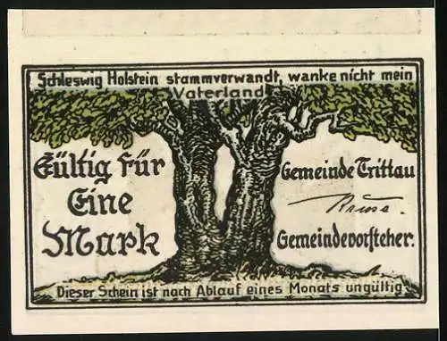 Notgeld Trittau, 1 Mark, Illustration einer Stadtansicht und Eichenbaum, gültig für einen Monat