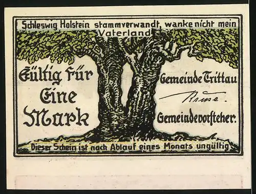 Notgeld Trittau, 1 Mark, Gasthaus Hinsch und Baum, Schleswig Holstein, gültig für einen Monat