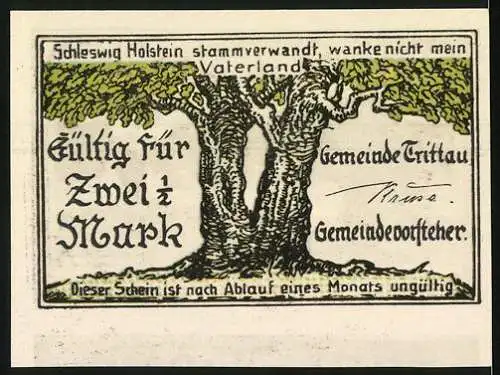 Notgeld Trittau / Holstein, 2½ Mark, Mühlenreich und Bäume, Gemeinde Trittau