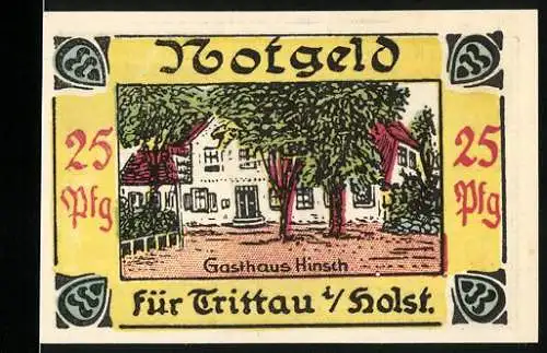 Notgeld Trittau, 25 Pfennig, Gasthaus Hinsch und zwei Bäume, Gemeinde Trittau, 1 Monat gültig