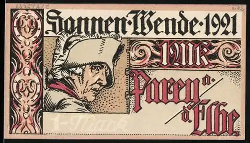 Notgeld Parey an der Elbe, 1921, 1 Mark, Sonnenwende und Friedrich der Grosse, violette Rückseite