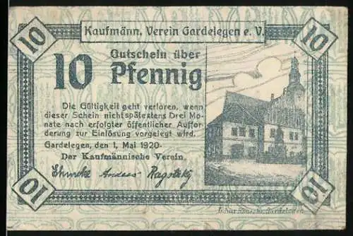 Notgeld Gardelegen, 1920, 10 Pfennig, Gebäude und Bierkrug mit Hopfenillustration