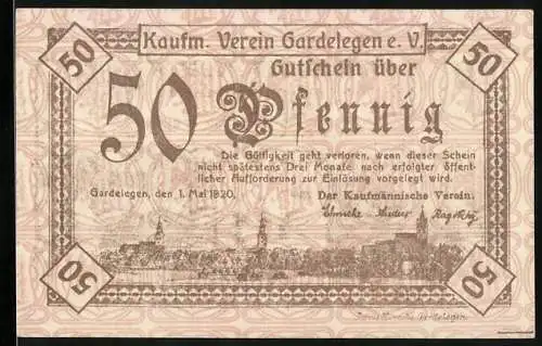 Notgeld Gardelegen 1920, 50 Pfennig, Kaufm. Verein Gardelegen e.V., Stadtansicht und Arbeiterdarstellungen