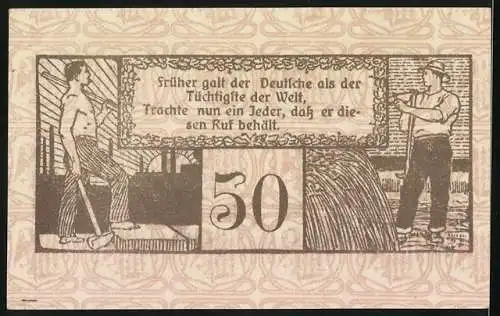 Notgeld Gardelegen 1920, 50 Pfennig, Kaufm. Verein Gardelegen e.V., Stadtansicht und Arbeiterdarstellungen