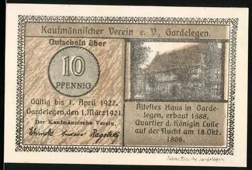 Notgeld Gardelegen, 1921, 10 Pfennig, Ältestes Haus in Gardelegen und Spruch von Otto Reutter