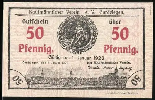 Notgeld Gardelegen, 1921, 50 Pfennig, Gutschein des Kaufmännischen Vereins mit Otto Reutters Heim und Gedicht