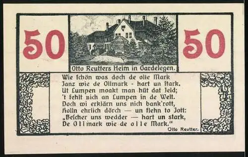 Notgeld Gardelegen, 1921, 50 Pfennig, Gutschein des Kaufmännischen Vereins mit Otto Reutters Heim und Gedicht