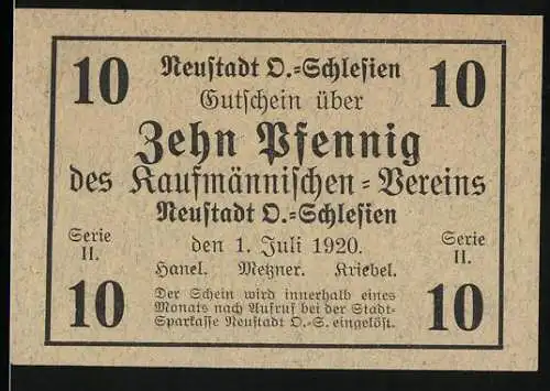 Notgeld Neustadt O.-Schlesien 1920, Zehn Pfennig, Gutschein des Kaufmännischen Vereins, Serie II, Stadt Silhouette