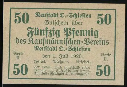 Notgeld Neustadt O.-Schlesien, 1920, 50 Pfennig, Kaufmännischen-Vereins, Serie II, Rückseite Stadtsilhouette