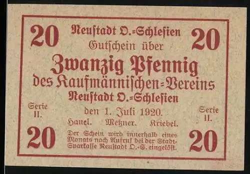 Notgeld Neustadt O.-Schlesien 1920, 20 Pfennig, Gutschein des Kaufmännischen-Vereins, Serie II, Landschaftsbild