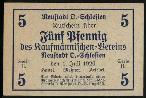 Notgeld Neustadt O.-Schlesien 1920, 5 Pfennig, Kaufmännischen-Vereins Gutschein Serie II, Stadtansicht Rückseite