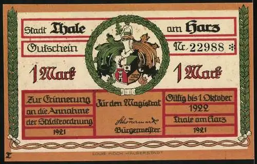 Notgeld Thale 1921, 1 Mark, Stadt Thale am Harz, Portraits der Stadtratsmitglieder und Bürgermeister Schönermark