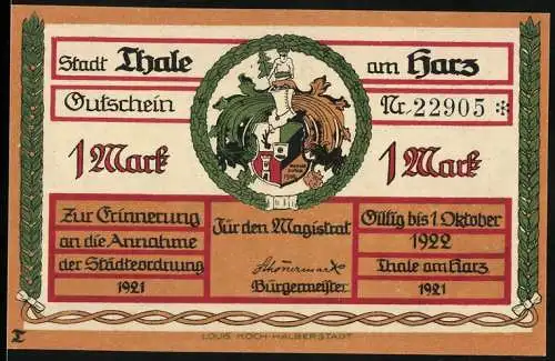 Notgeld Thale 1921, 1 Mark, Gutschein der Stadt mit Abbildungen der Stadtmagistrat-Mitglieder