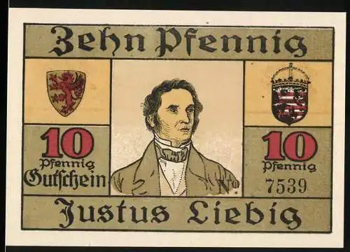 Notgeld Giessen 1921, 10 Pfennig, Justus Liebig, Gibana Ausstellung und Kirche