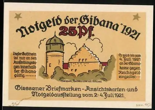 Notgeld Giessen 1921, 25 Pf, Vorderseite mit Sehenswürdigkeit und Rückseite mit Liebig-Denkmal