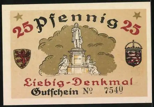 Notgeld Giessen 1921, 25 Pf, Vorderseite mit Sehenswürdigkeit und Rückseite mit Liebig-Denkmal