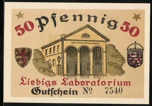 Notgeld Giessen 1921, 50 Pfennig, Liebigs Laboratorium Gutschein Nr. 7540, Giessener Briefmarken-Ausstellung