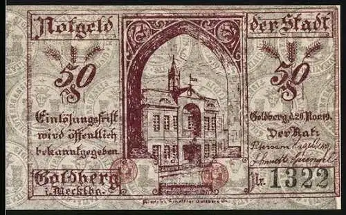 Notgeld Goldberg 1919, 50 Pfennig, historisches Gebäude und Inschrift Einlösungstätigkeit wird öffentlich ...