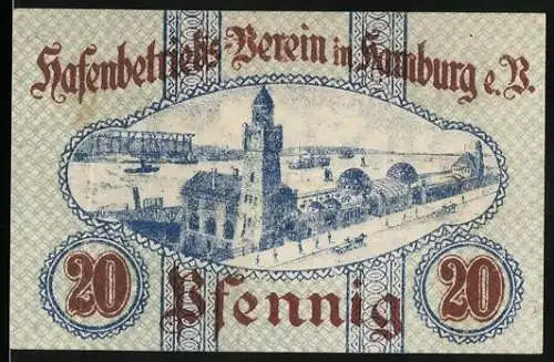 Notgeld Hamburg, 1920, 20 Pfennig, Hafengebäude und Hafenansicht, Ausgabe des Hafenbetriebs-Vereins
