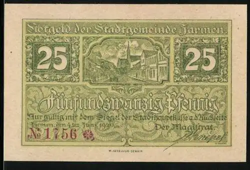 Notgeld Jarmen, 1920, 25 Pfennig, Stadtansicht mit Fachwerkhäusern, Siegel der Stadtgemeinde, Seriennummer 1756