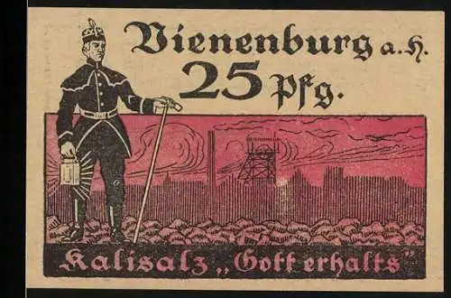 Notgeld Vienenburg, 1921, 25 Pfennig, Kalibergmann und Förderturm, Juni 1921