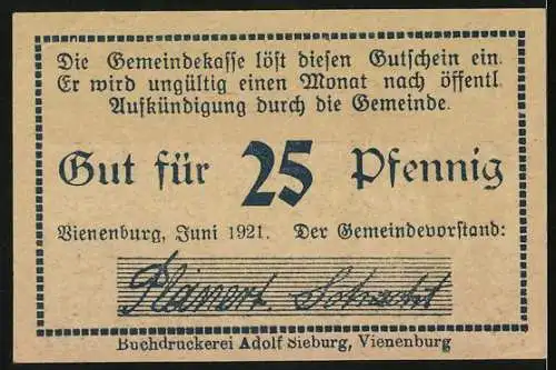 Notgeld Vienenburg, 1921, 25 Pfennig, Kalibergmann und Förderturm, Juni 1921