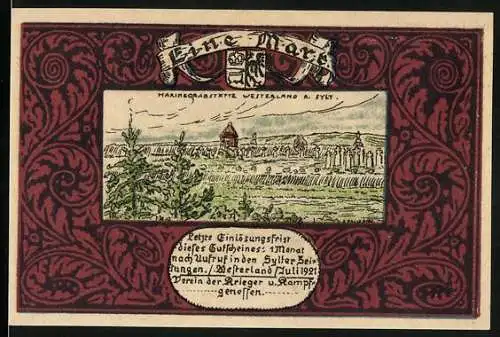 Notgeld Westerland auf Sylt 1921, 1 Mark, Stadtansicht und Kriegsschiff mit Gedicht