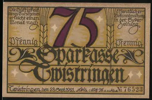 Notgeld Twistringen, 1921, 75 Pfennig, Sparkasse Twistringen, Frau mit Schwein und Glocken