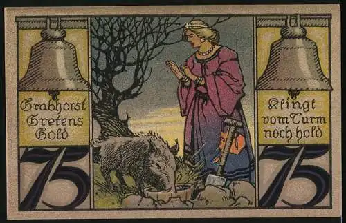 Notgeld Twistringen, 1921, 75 Pfennig, Sparkasse Twistringen, Frau mit Schwein und Glocken