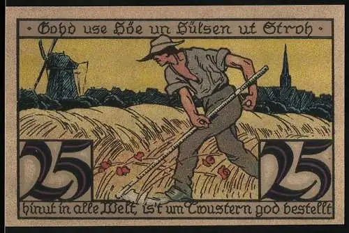 Notgeld Twistringen, 1921, 25 Pfennig, Erntearbeiter mit Sense und Windmühle im Hintergrund