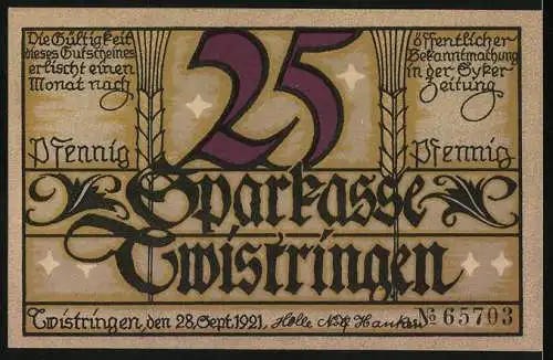 Notgeld Twistringen, 1921, 25 Pfennig, Erntearbeiter mit Sense und Windmühle im Hintergrund