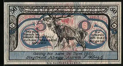 Notgeld Aurich 1921, 50 Pfennig, Siegfried Abegg, Hirsch im Wald mit Sprüchen und Signatur