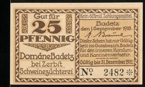 Notgeld Hohenlepte / Badetz 1918, 25 Pfennig, Domäne Badetz Schweinezüchterei mit Borstenvieh-Darstellung