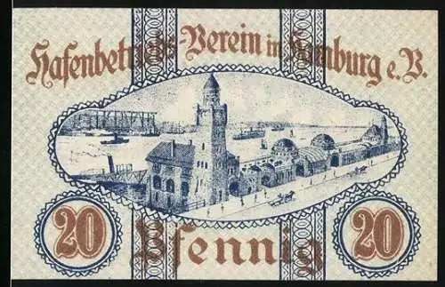 Notgeld Hamburg, 1920, 20 Pfennig, Hafenbetriebs-Verein e.V. mit Hafengebäude und Schiffen