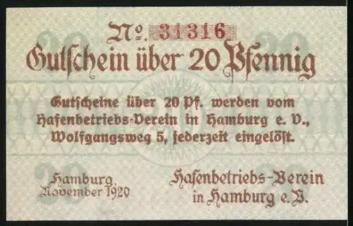 Notgeld Hamburg, 1920, 20 Pfennig, Hafenbetriebs-Verein e.V. mit Hafengebäude und Schiffen