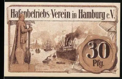 Notgeld Hamburg 1920, 30 Pfennig, Hafenbetriebs-Verein, Schiffe und Statue, Seriennummer 59213