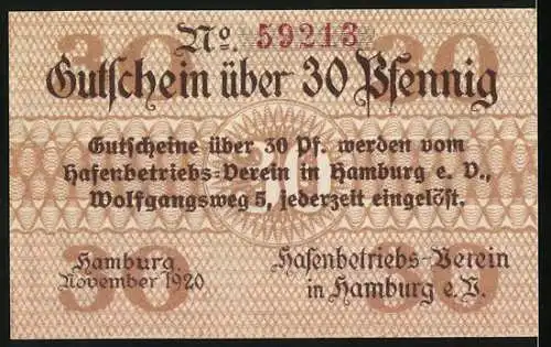 Notgeld Hamburg 1920, 30 Pfennig, Hafenbetriebs-Verein, Schiffe und Statue, Seriennummer 59213