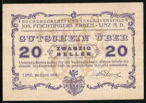 Notgeld Linz 1920, 20 Heller, Buchdruckerei und Verlagsanstalt Jos. Feichtingers Erben, beige und lila