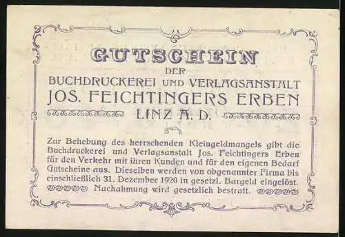 Notgeld Linz 1920, 20 Heller, Buchdruckerei und Verlagsanstalt Jos. Feichtingers Erben, beige und lila