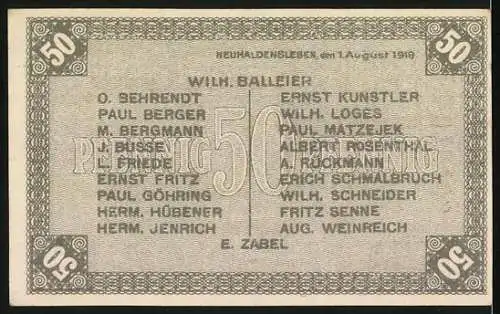 Notgeld Neuhaldensleben, 1919, 50 Pfennig, Firmenverzeichnis auf Rückseite