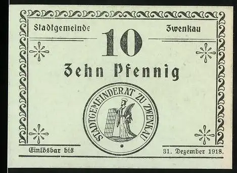 Notgeld Zwenkau 1918, 10 Pfennig, Stadtgemeinderat zu Zwenkau, einlösbar bis 31. Dezember 1918