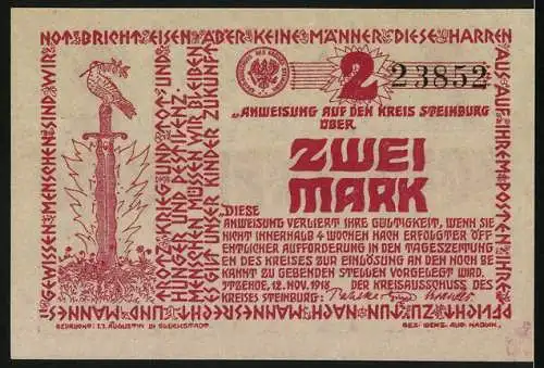 Notgeld Itzehoe 1918, Zwei Mark, Vogel auf Schwert und Textornamenten