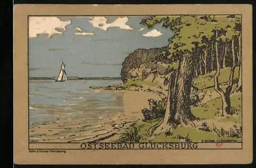 Notgeld Glücksburg, 1920, 50 Pfennig, Ostseebadlandschaft mit Segelboot und Wald