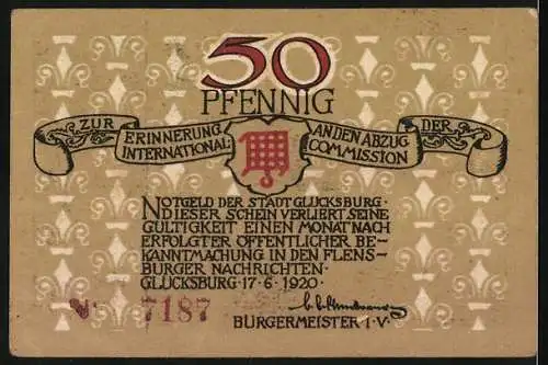 Notgeld Glücksburg, 1920, 50 Pfennig, Ostseebadlandschaft mit Segelboot und Wald